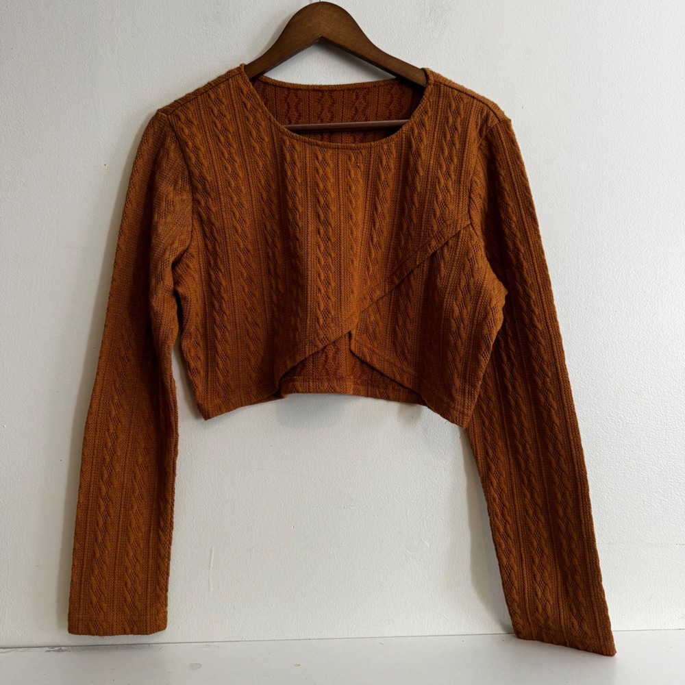 Women's XXL Cable Knit Crossover Wrap Front Crop Top Long Sleeve Fall Basics